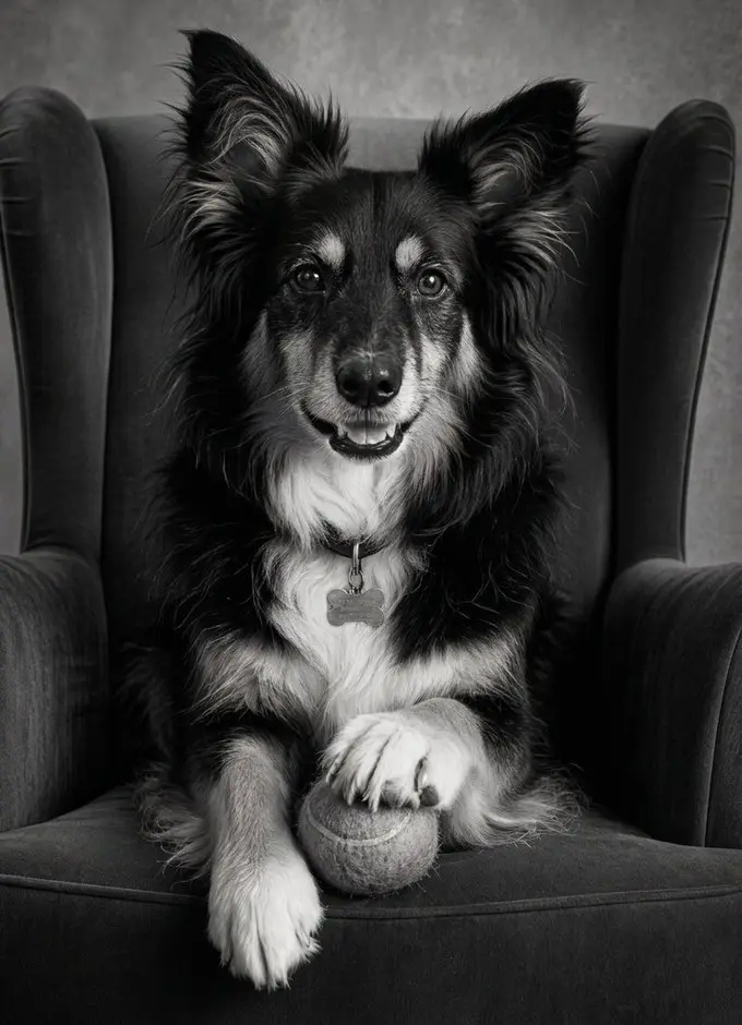 Border collie en sillón con pelota — el dueño absoluto del living