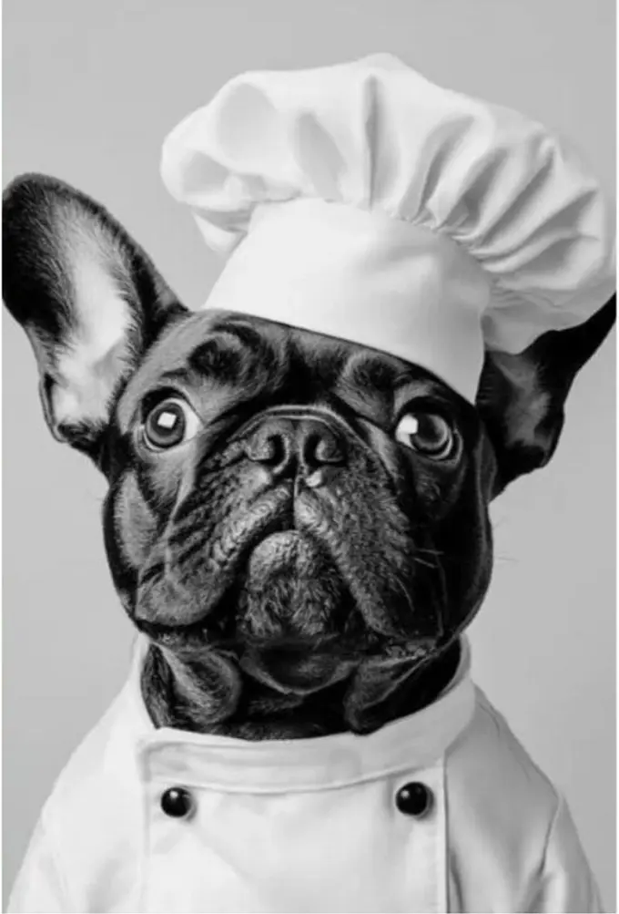Bulldog francés con gorro de chef y delantal blanco — el chef de la casa