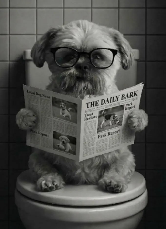 Perrito pequeño con anteojos leyendo el diario en el inodoro