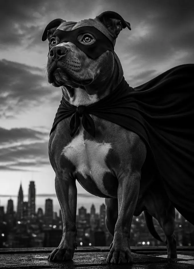Perro con capa de héroe, en blanco y negro editorial
