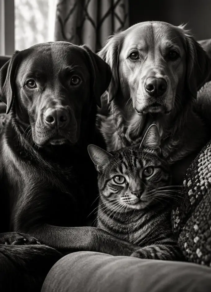 Dos perros y un gato juntos en la misma escena