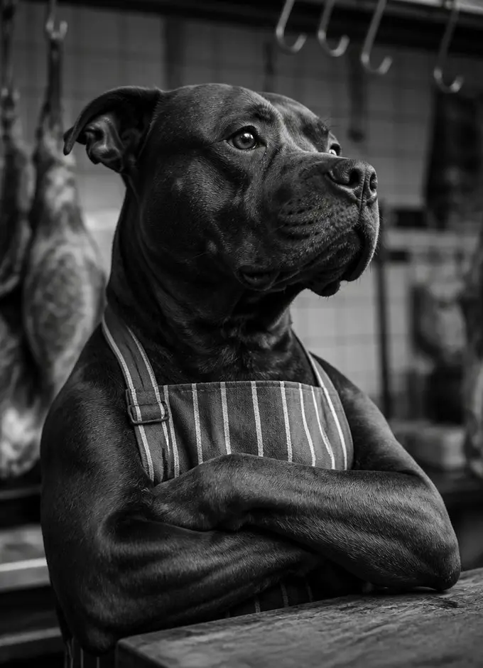 Perro con delantal de oficio, retrato editorial en blanco y negro