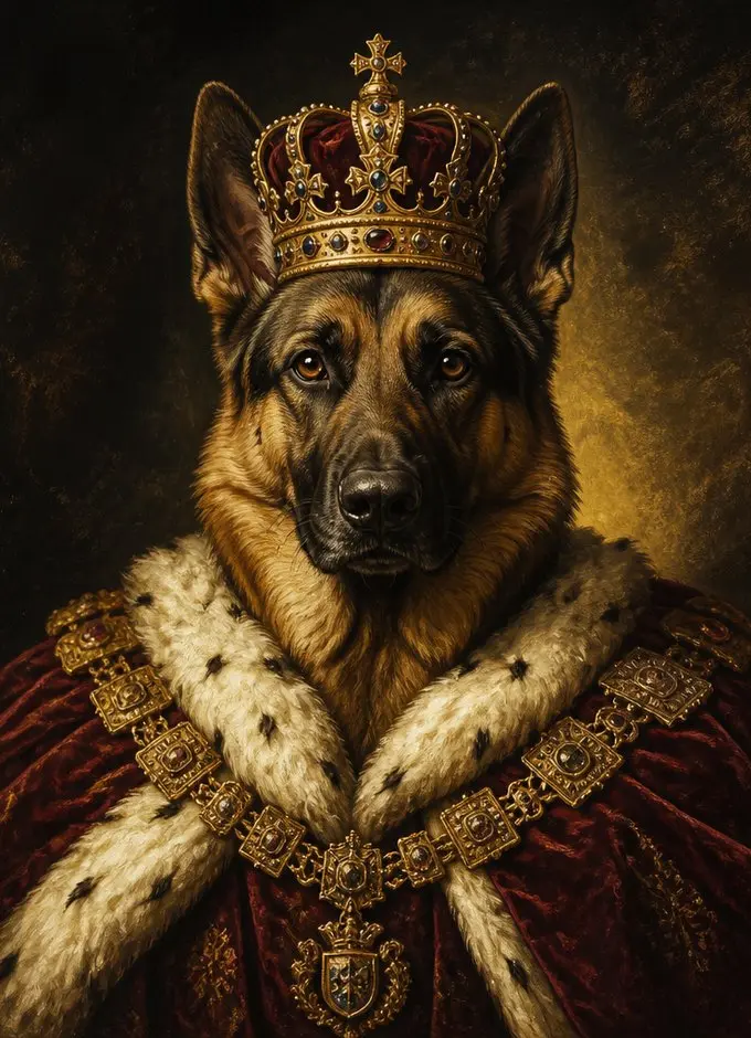 Perro vestido de realeza en un retrato de corte